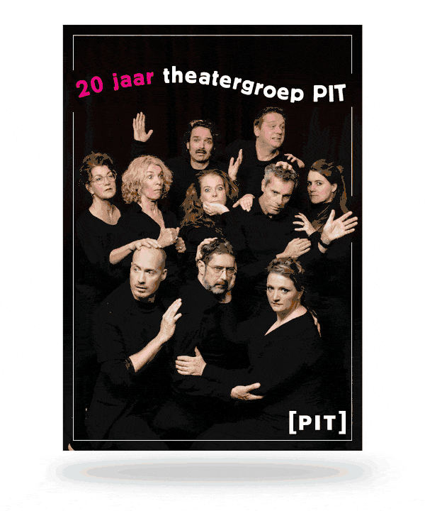 Bewegende flyer 20 jaar Theatergroep PIT: de tien spelers in het zwart dicht op elkaar in vreemde poses